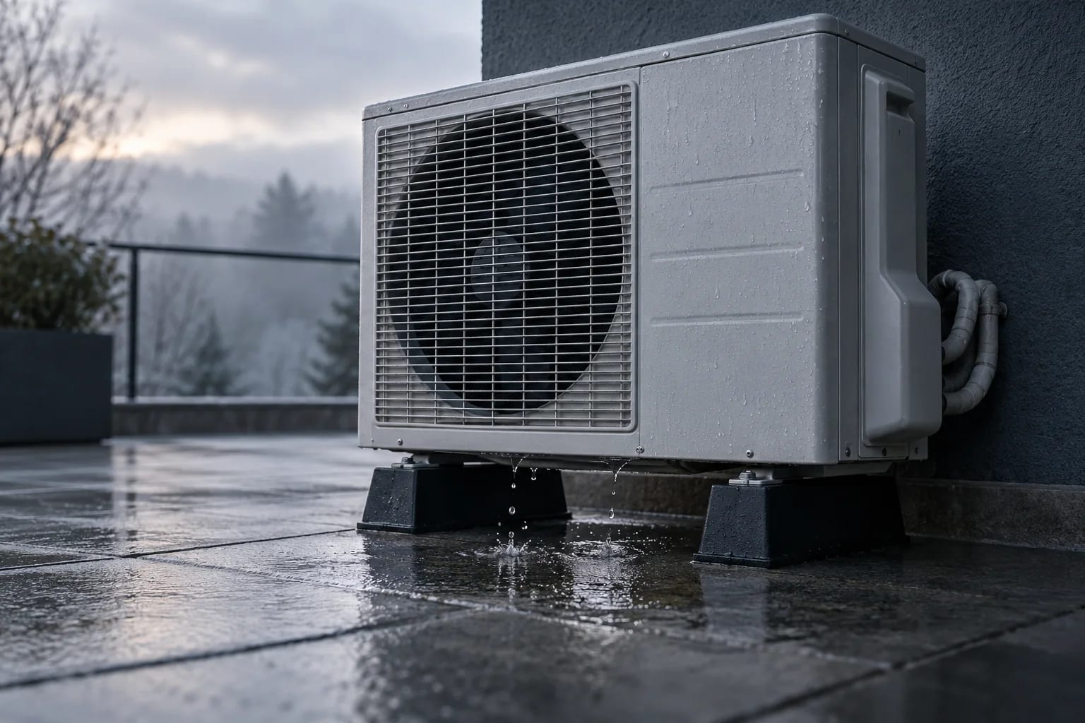 Ilustración de gotas bajo la base de una unidad exterior elevada sobre soportes en una terraza húmeda