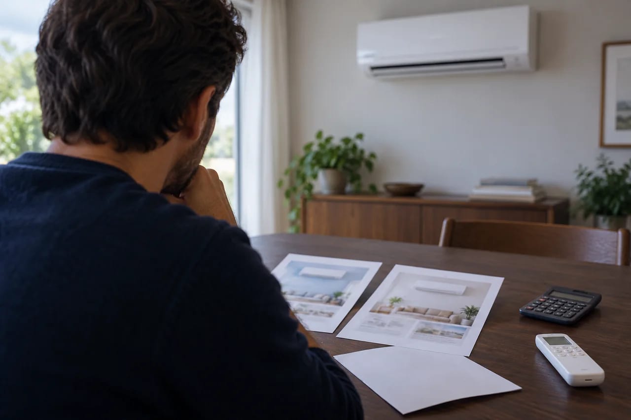 Ilustración de una persona comparando documentación de climatización sobre una mesa, sin datos técnicos legibles
