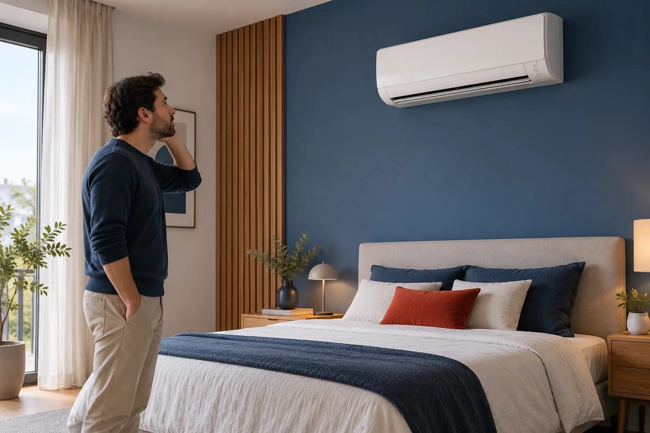 Persona observando un split desde el dormitorio sin abrir ni tocar el equipo