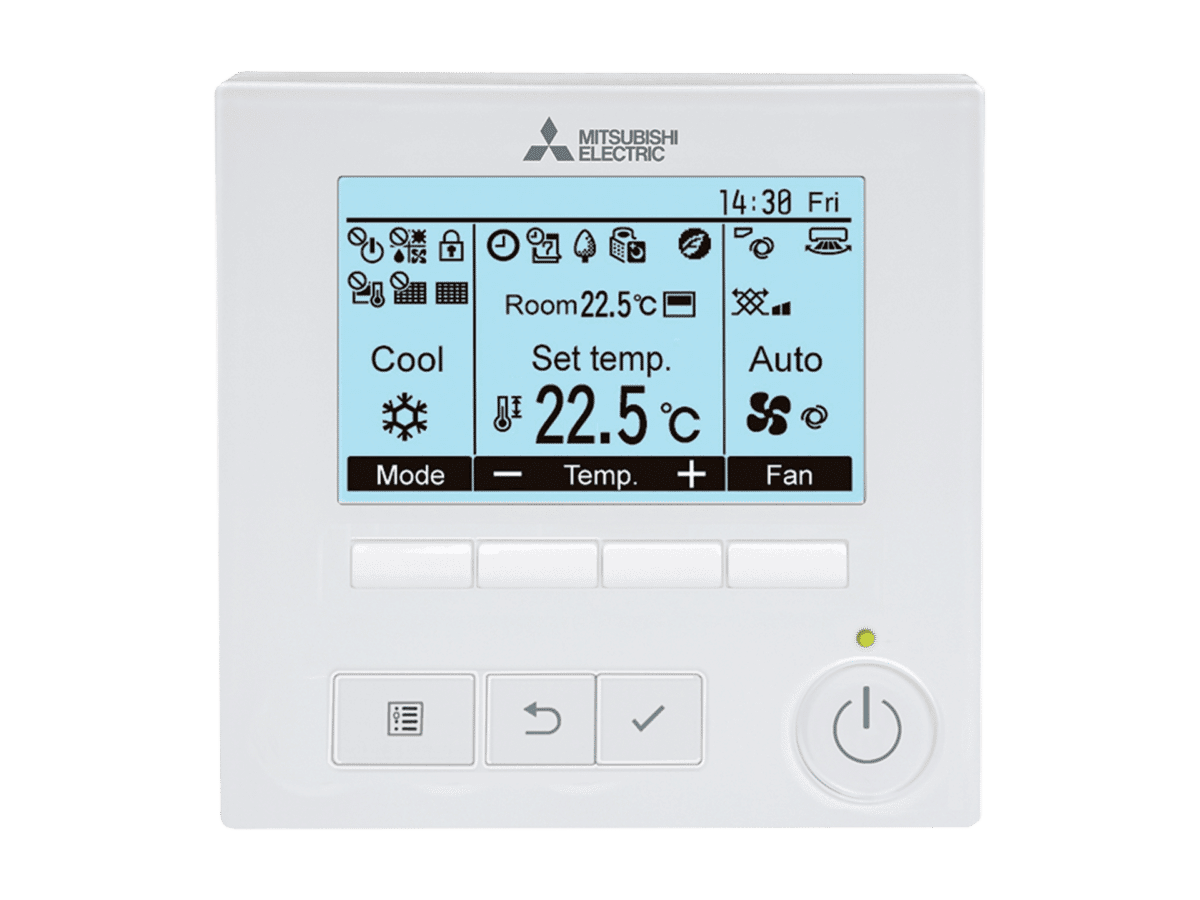Mando cableado Mitsubishi Electric con pantalla y botones, como ejemplo de formato de control