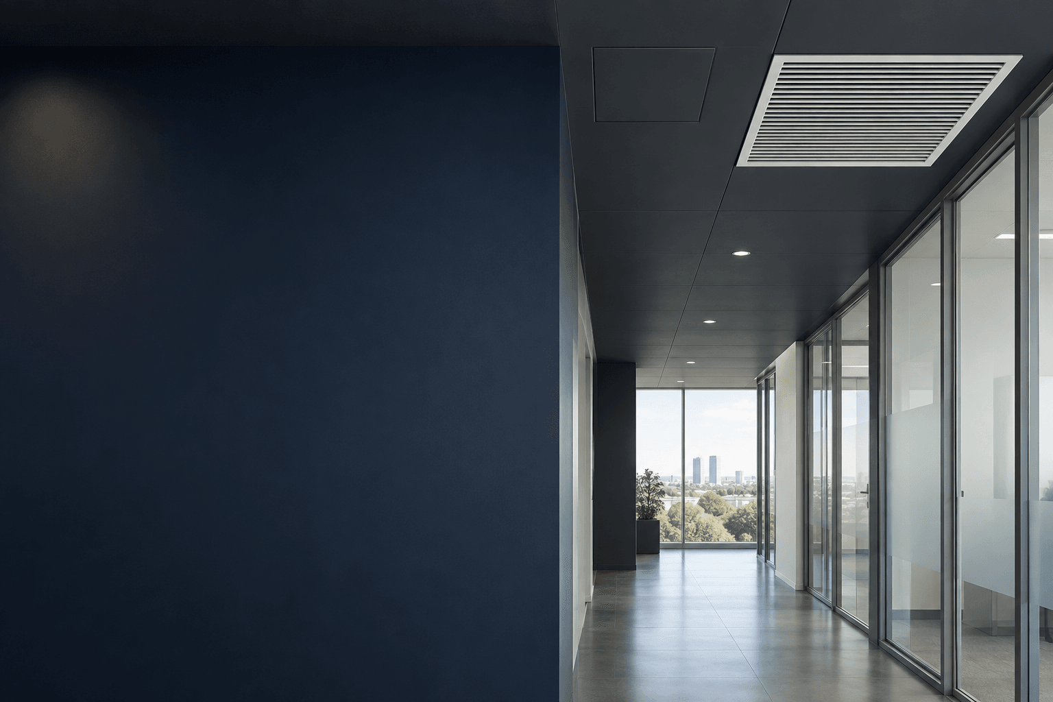 Rejilla de retorno y registro cerrado en un pasillo de oficinas, para coordinar el mantenimiento de aire acondicionado en Alcobendas