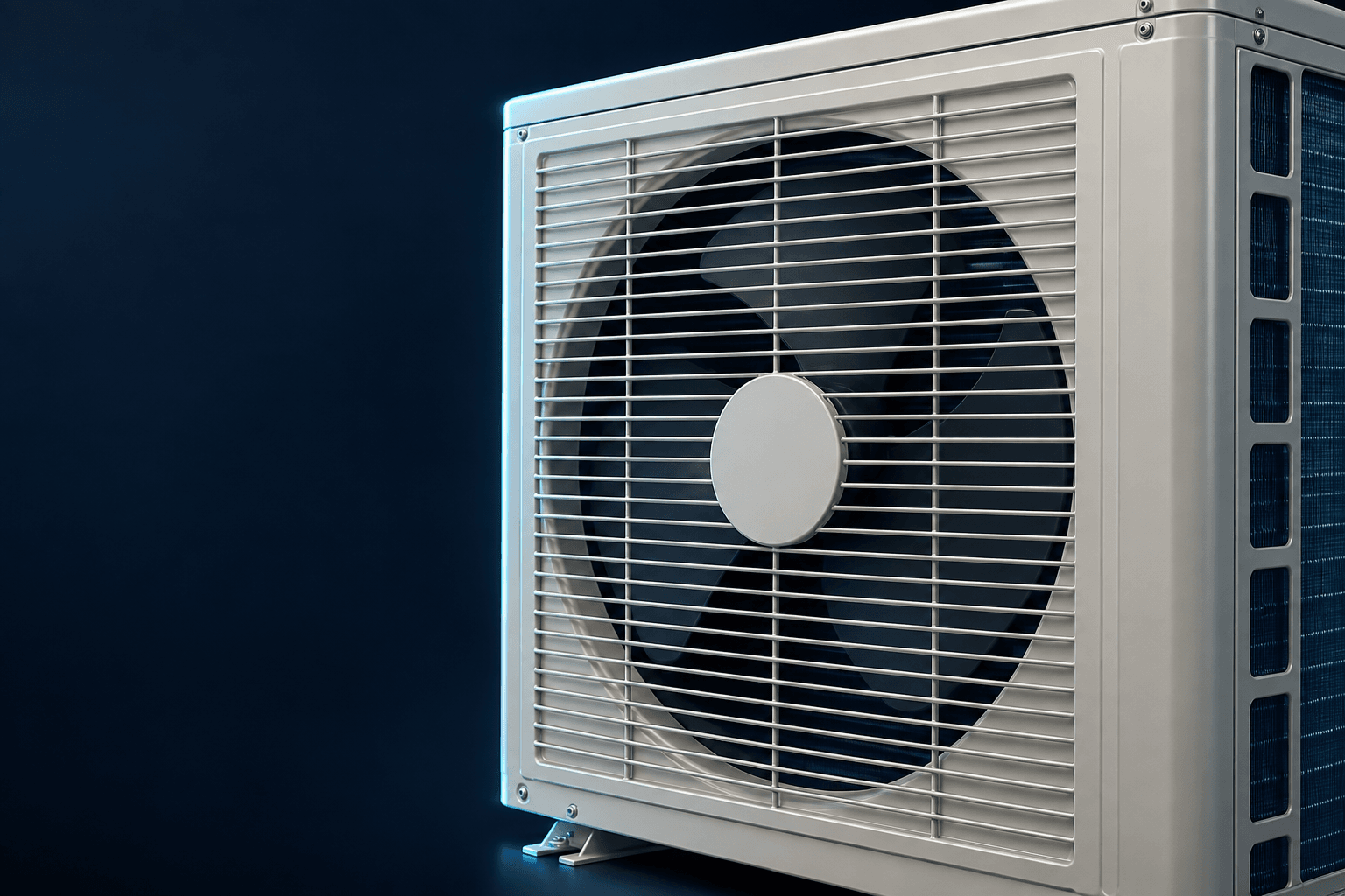 Detalle de rejilla protectora y ventilador de una unidad exterior, para el mantenimiento de aire acondicionado en El Cañaveral