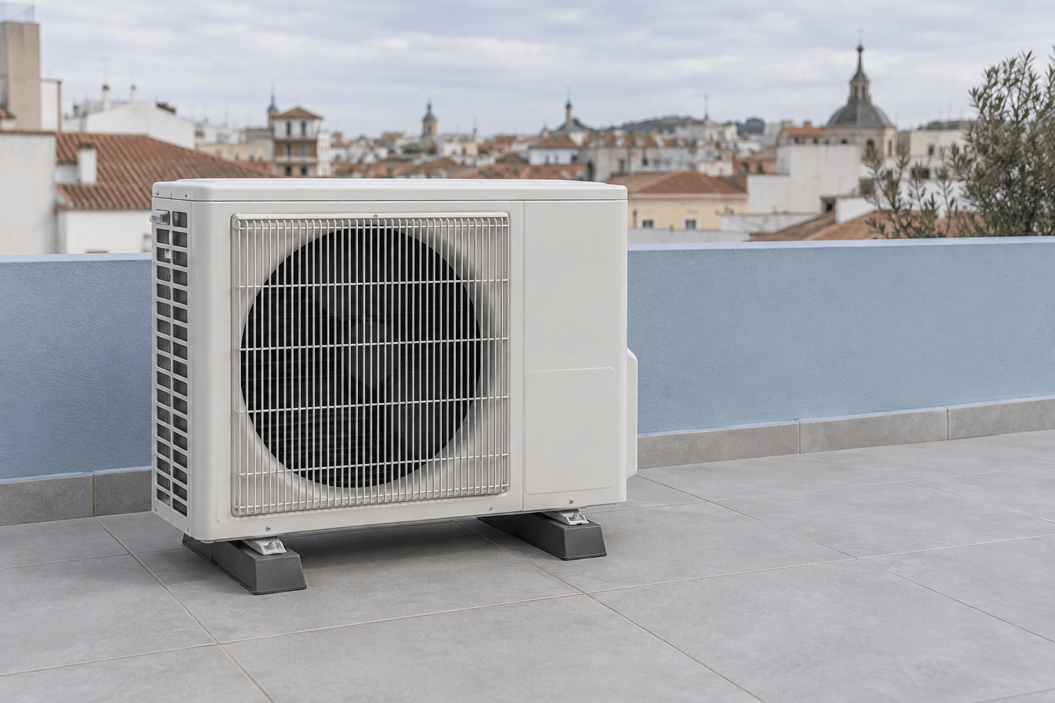 Unidad exterior de aire acondicionado en una azotea abierta de pretil azul claro, para mantenimiento en Centro, Madrid