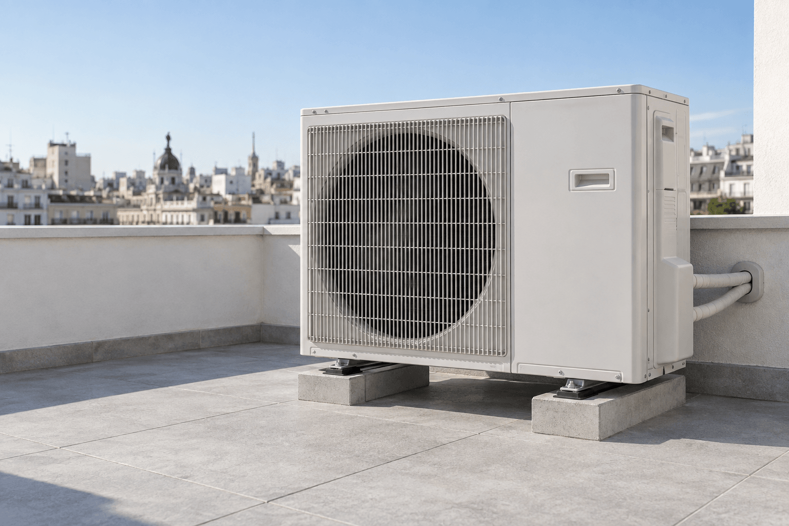 Unidad exterior de aire acondicionado en una azotea abierta y luminosa, para revisión del circuito refrigerante en Centro, Madrid
