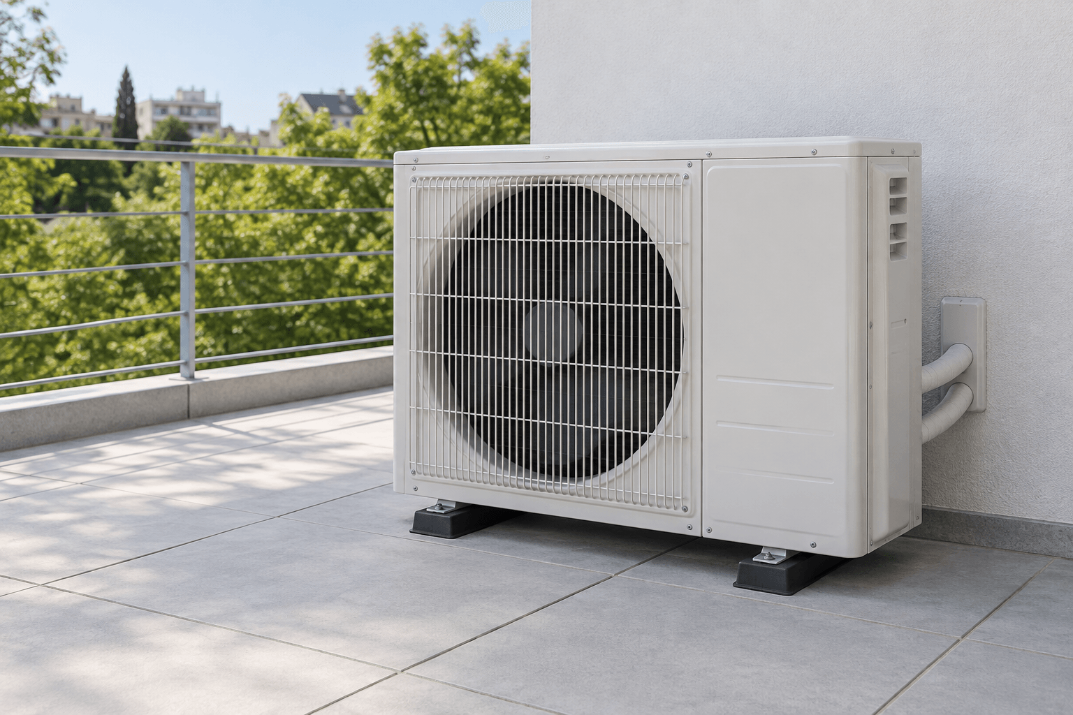 Unidad exterior de aire acondicionado en una terraza abierta con vegetación, para revisión y carga de refrigerante en Chamartín, Madrid