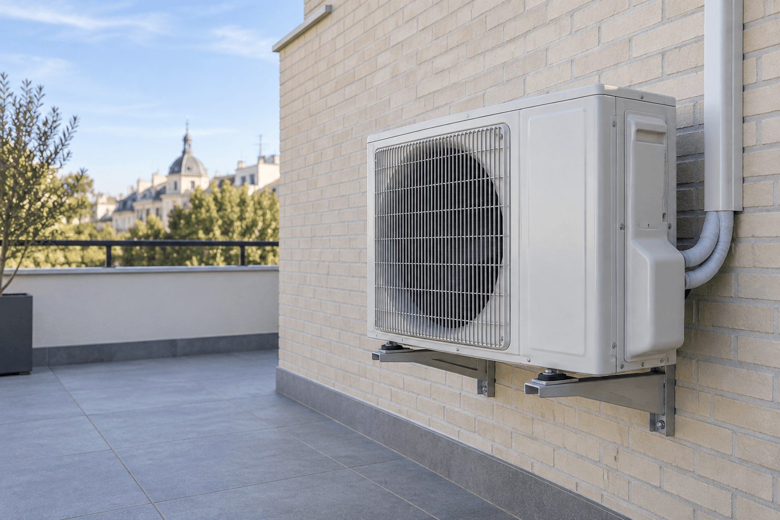 Unidad exterior de aire acondicionado sobre soportes en una terraza de ladrillo claro, para mantenimiento en Chamberí, Madrid