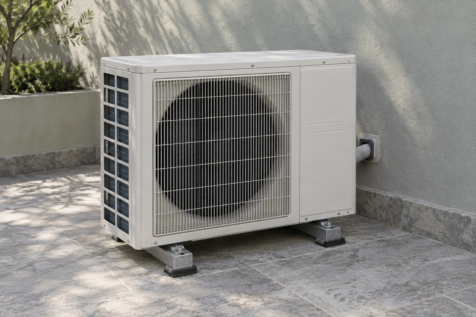 Unidad exterior de aire acondicionado en un patio abierto con luz natural, para revisión de refrigerante en Chamberí, Madrid