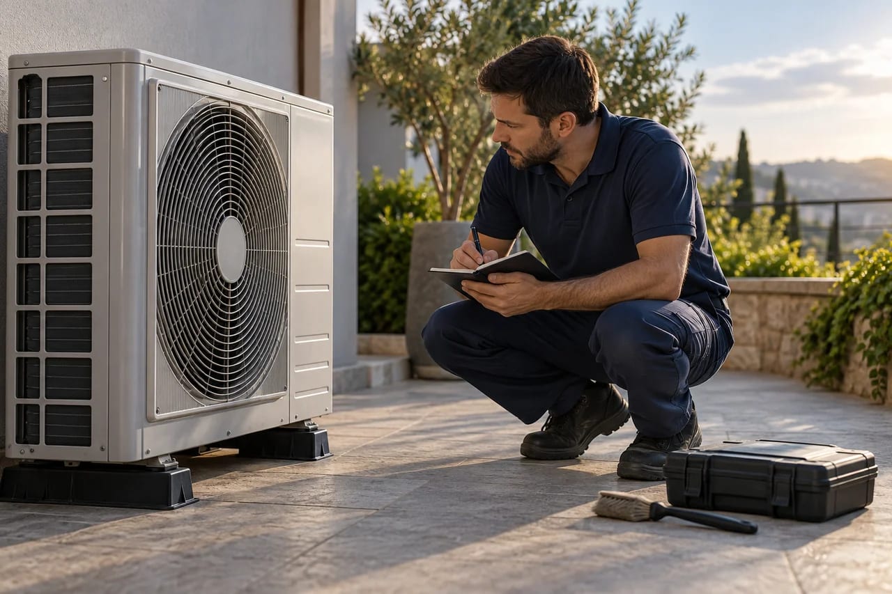 Mantenimiento de aire acondicionado en El Viso, Madrid — Escena ilustrativa de un técnico tomando notas junto a una unidad exterior cerrada en una terraza — Mitsutec