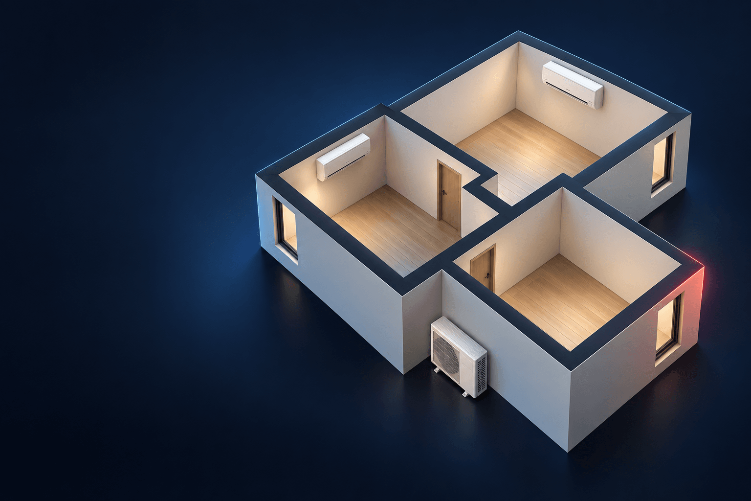 Maqueta ilustrativa de habitaciones para planificar la instalación de aire acondicionado en Ensanche de Vallecas