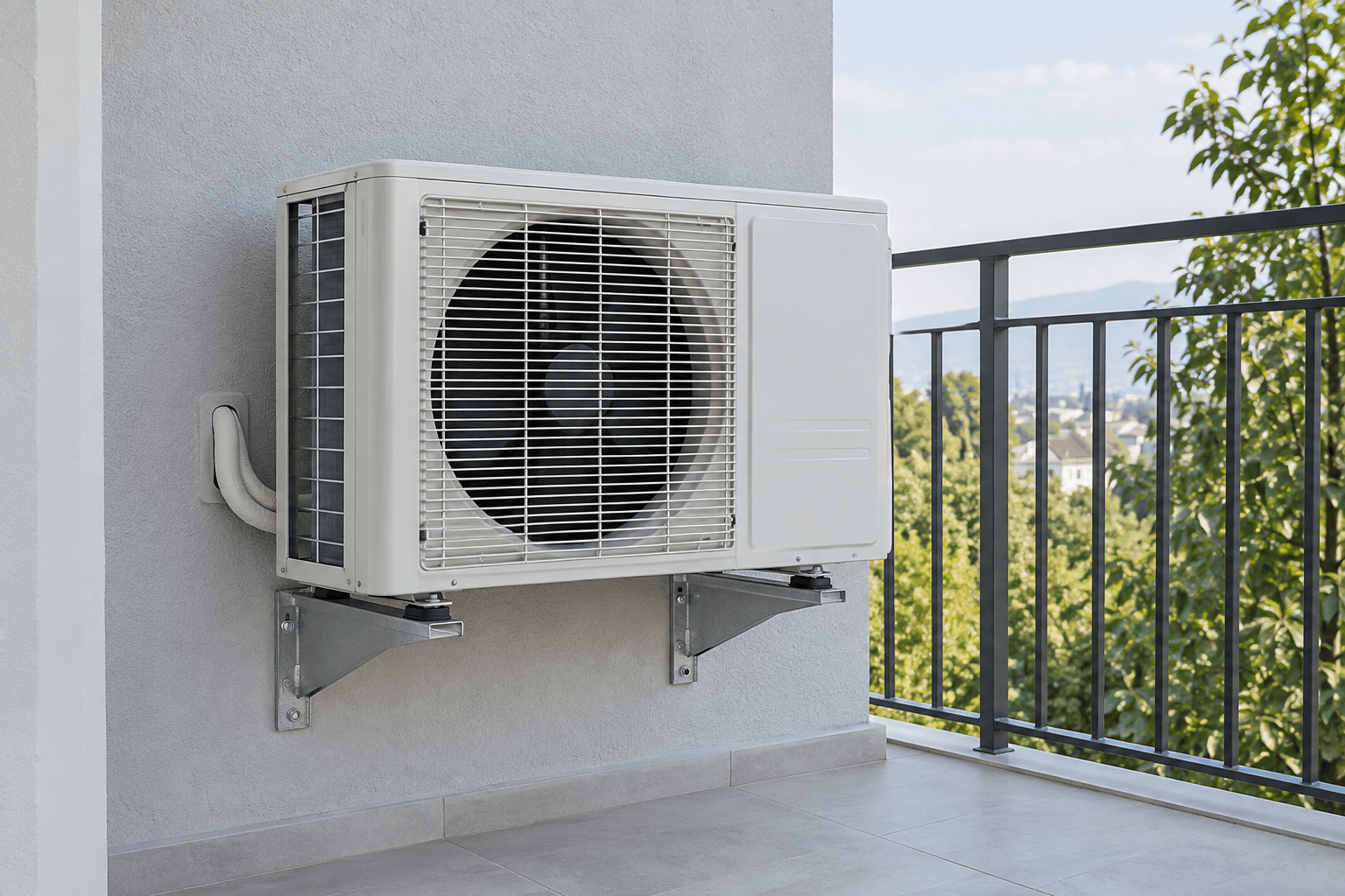 Unidad exterior de aire acondicionado en un balcón abierto, para diagnóstico y carga de refrigerante en Fuencarral-El Pardo, Madrid