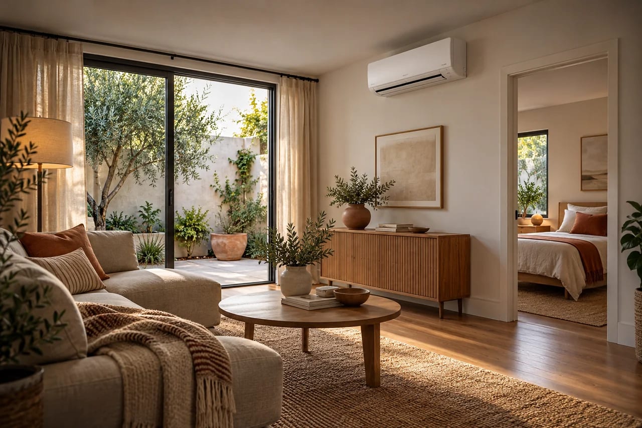 Instalación de aire acondicionado en Fuente del Berro, Madrid — Escena ilustrativa de un salón con split y un dormitorio contiguo, abiertos hacia un patio — Mitsutec