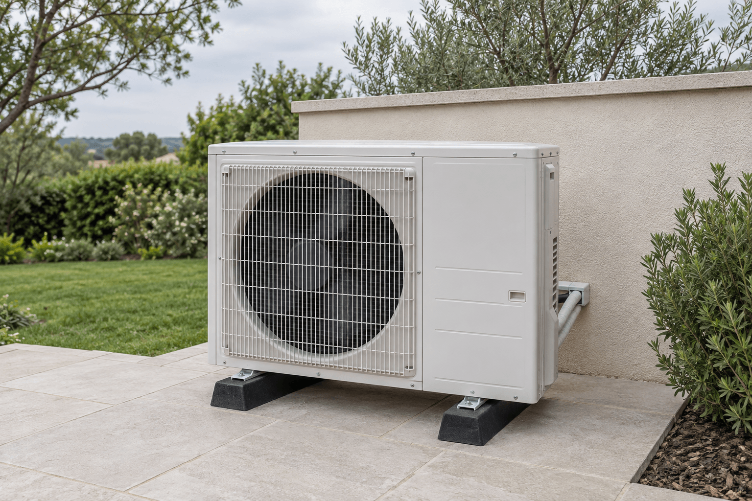Unidad exterior de aire acondicionado junto a un jardín, para revisión del circuito y carga de refrigerante en Hortaleza, Madrid