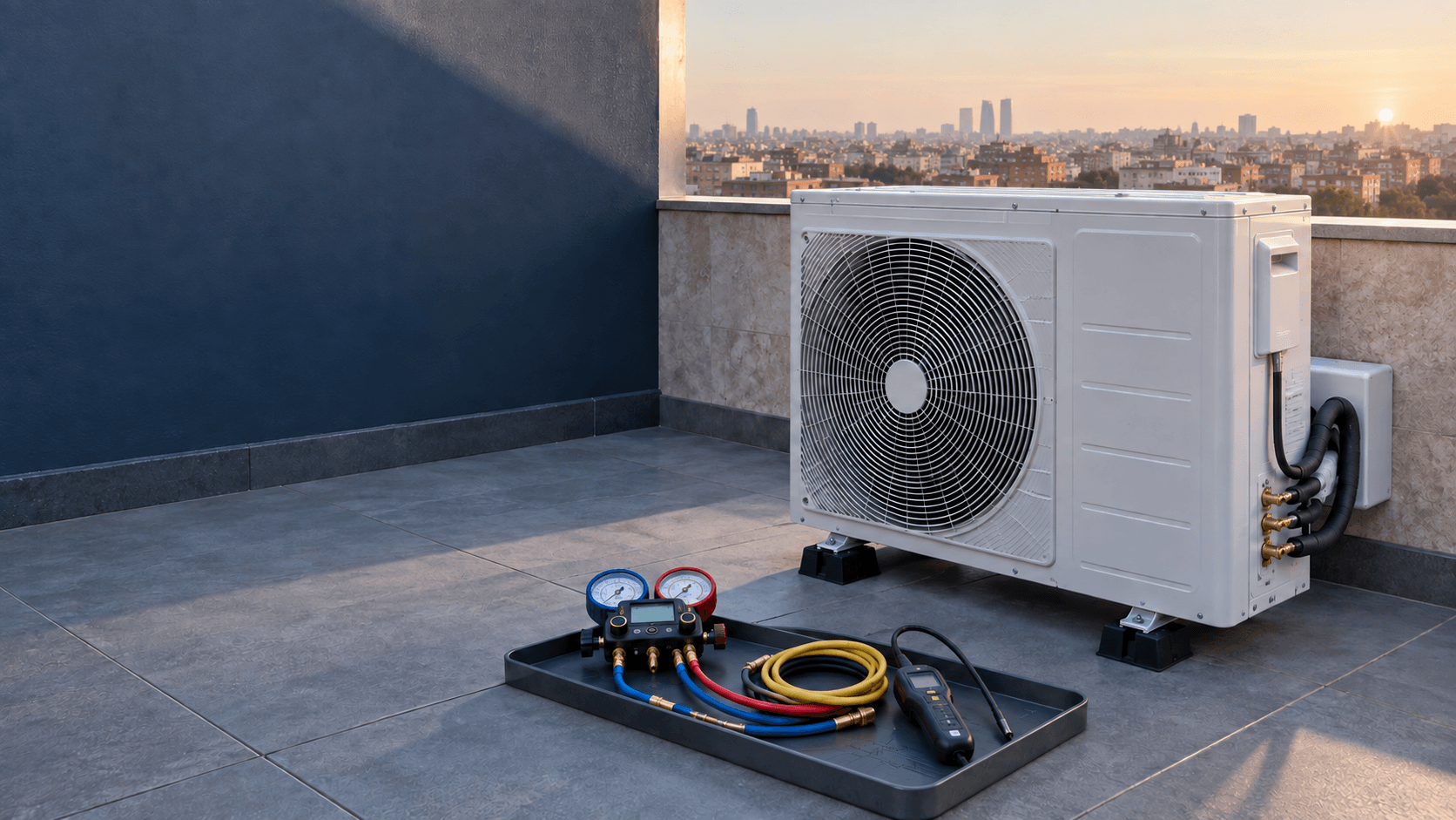 Carga de gas para aire acondicionado en Madrid — Unidad exterior completa junto a instrumentos de diagnóstico de refrigerante en una azotea de Madrid — Mitsutec