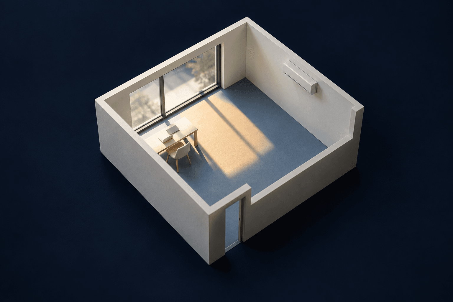 Maqueta de una habitación con ventanal, zona soleada y split, para valorar la instalación de aire acondicionado en Montecarmelo