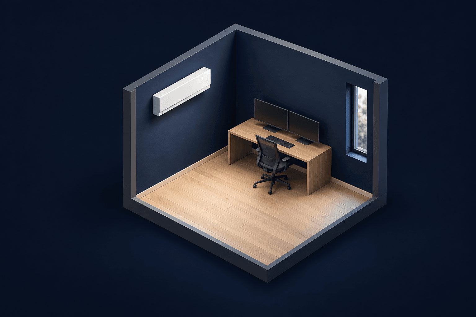 Maqueta de un despacho con mesa, silla y split mural, para instalación de aire acondicionado en Rejas