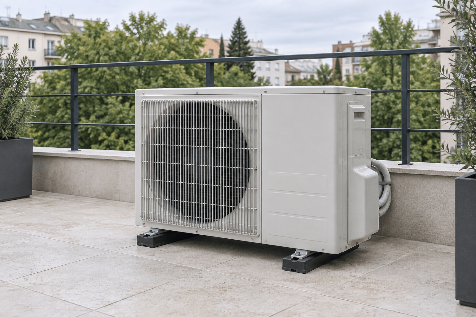 Unidad exterior de aire acondicionado en una terraza luminosa con barandilla abierta, para diagnóstico de refrigerante en Salamanca, Madrid