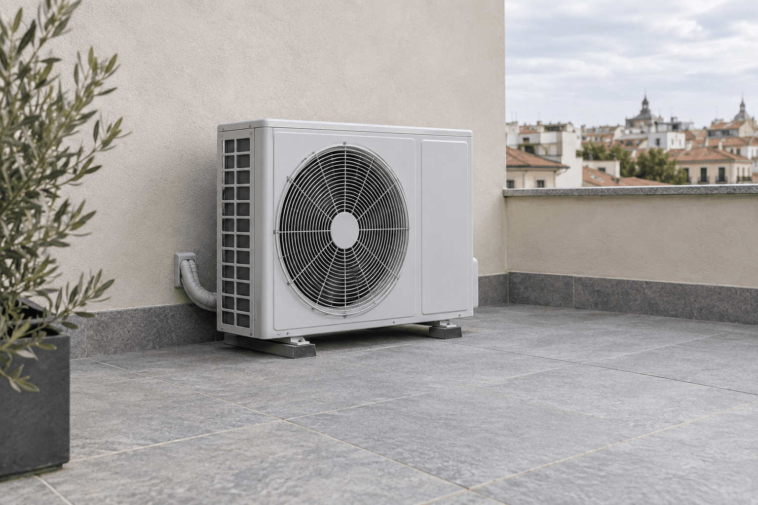 Unidad exterior de aire acondicionado completa en una terraza abierta de tonos naturales, para reparación en Salamanca, Madrid