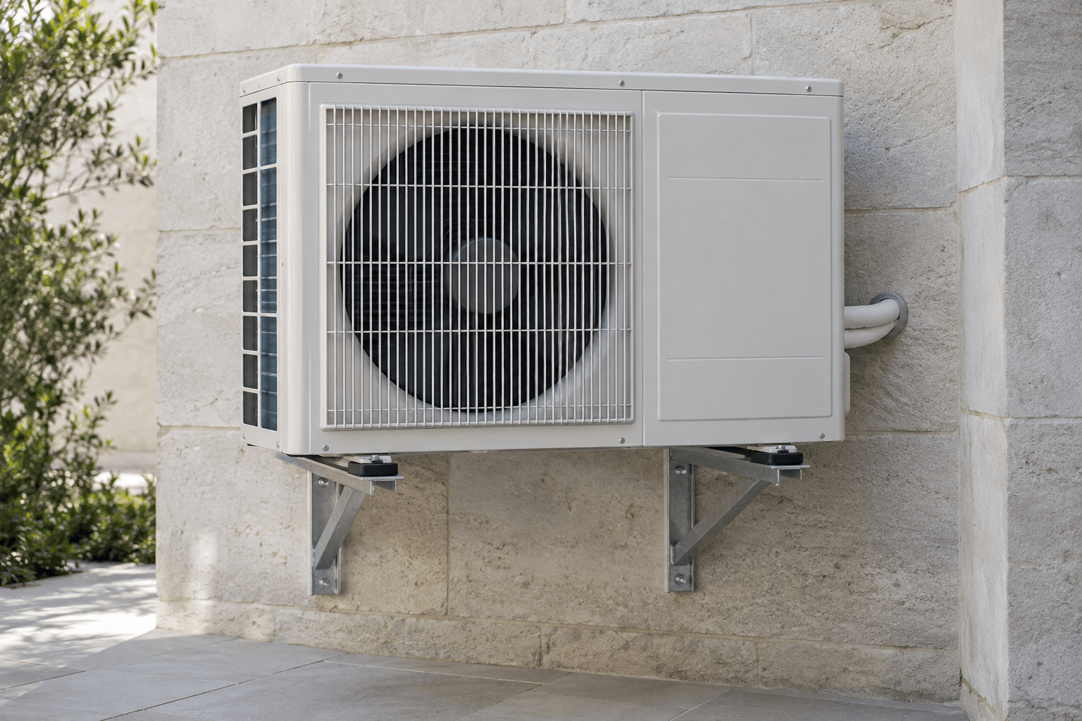 Unidad exterior de aire acondicionado sobre soportes en un patio abierto, para diagnóstico de pérdidas de refrigerante en Tetuán, Madrid
