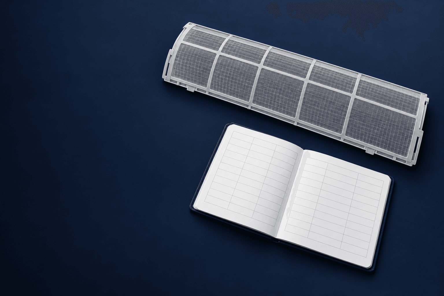 Filtro de malla junto a una agenda sin anotaciones, ilustración para organizar el mantenimiento del aire acondicionado en Valdebebas