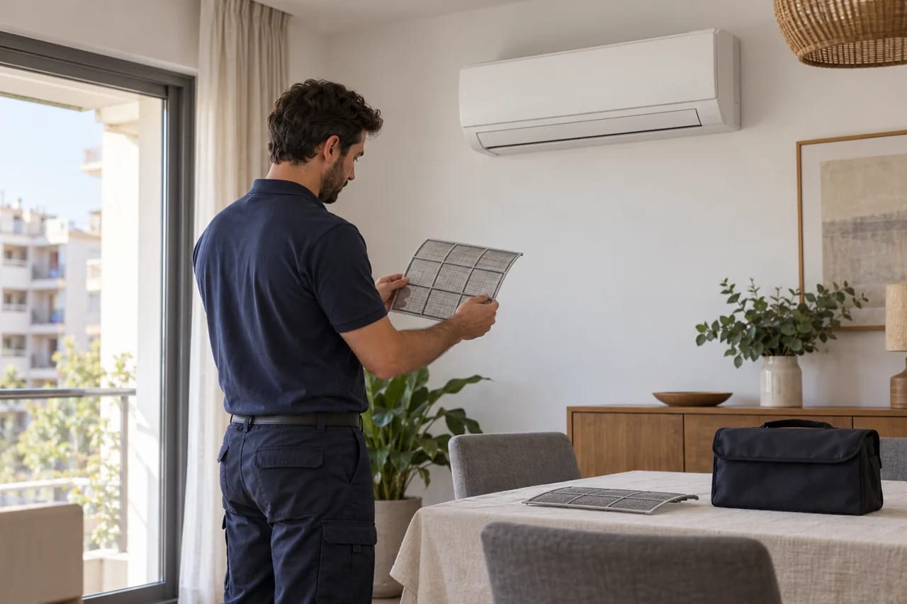Mantenimiento de aire acondicionado en Valdezarza, Madrid — Ilustración de un técnico examinando un filtro de malla retirado, con el split cerrado al fondo — Mitsutec