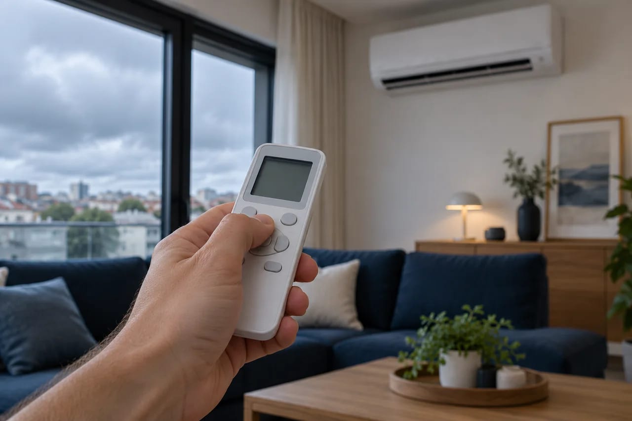Mando de climatización en primer plano con un split al fondo de una vivienda