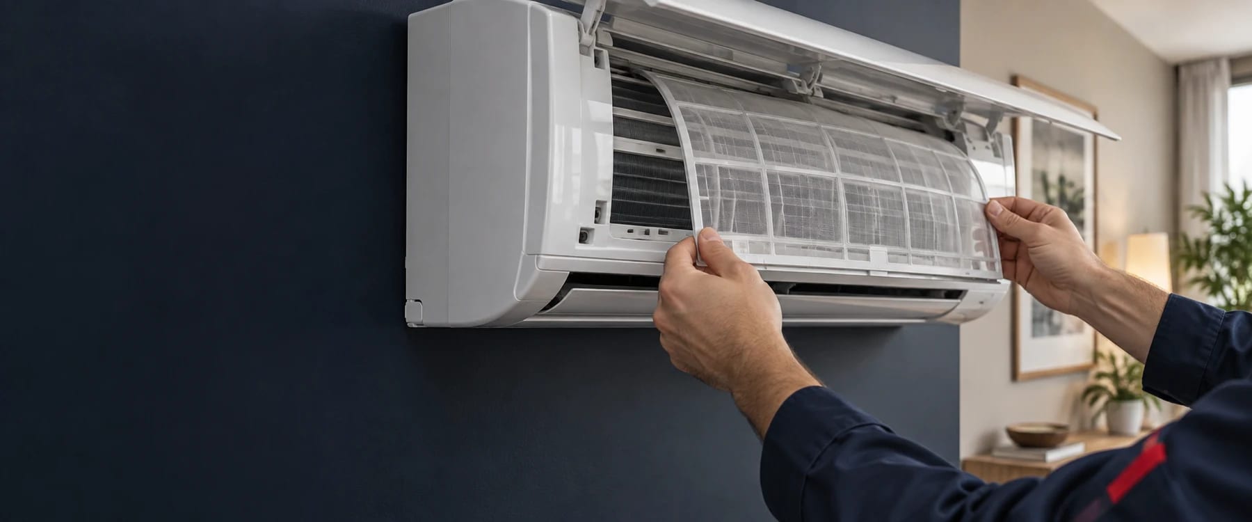 Ilustración de revisión de un filtro extraíble en una unidad interior de aire acondicionado