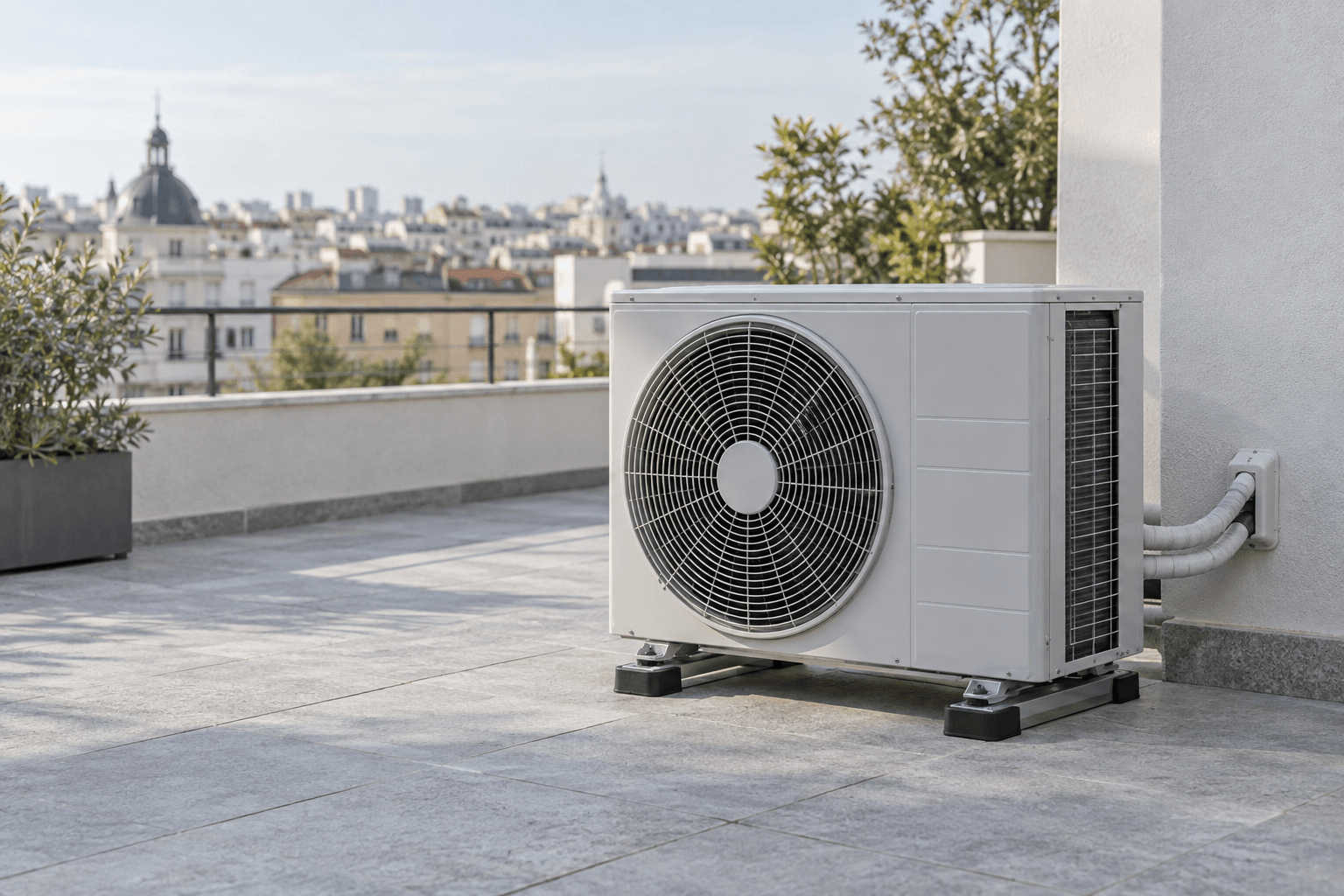 Unidad exterior de aire acondicionado en una terraza abierta con luz suave, para reparación en Chamberí