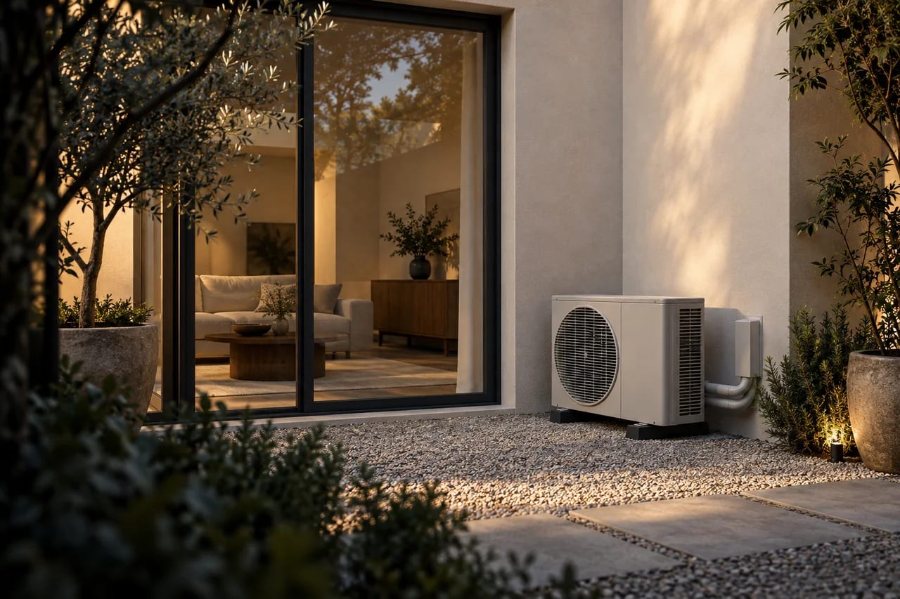 Instalación de aire acondicionado en El Viso, Madrid — Escena ilustrativa de una unidad exterior a nivel de suelo en un patio, con conexiones cubiertas y ventilación libre — Mitsutec