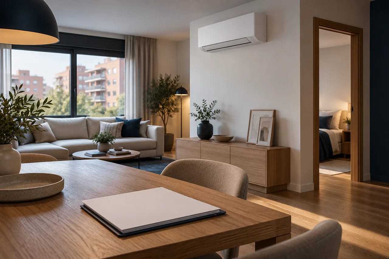 Instalación de aire acondicionado en Valdezarza, Madrid — Ilustración de un salón de piso con split y una habitación contigua, con una carpeta cerrada sobre la mesa — Mitsutec
