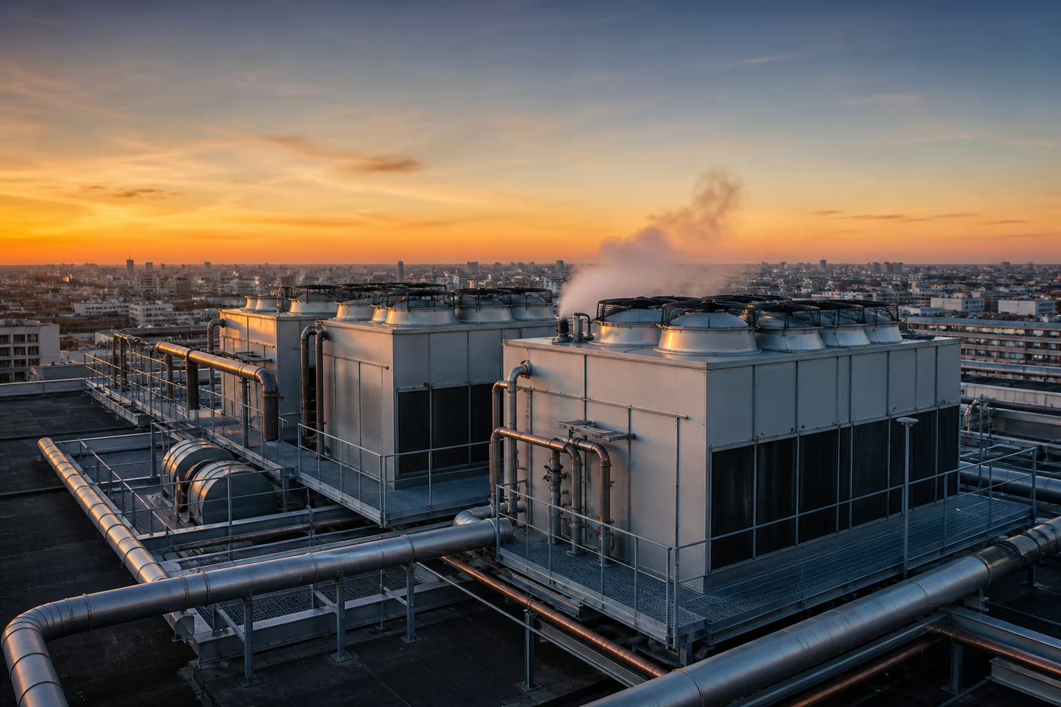Equipos de climatización centralizada instalados en una cubierta técnica de Madrid