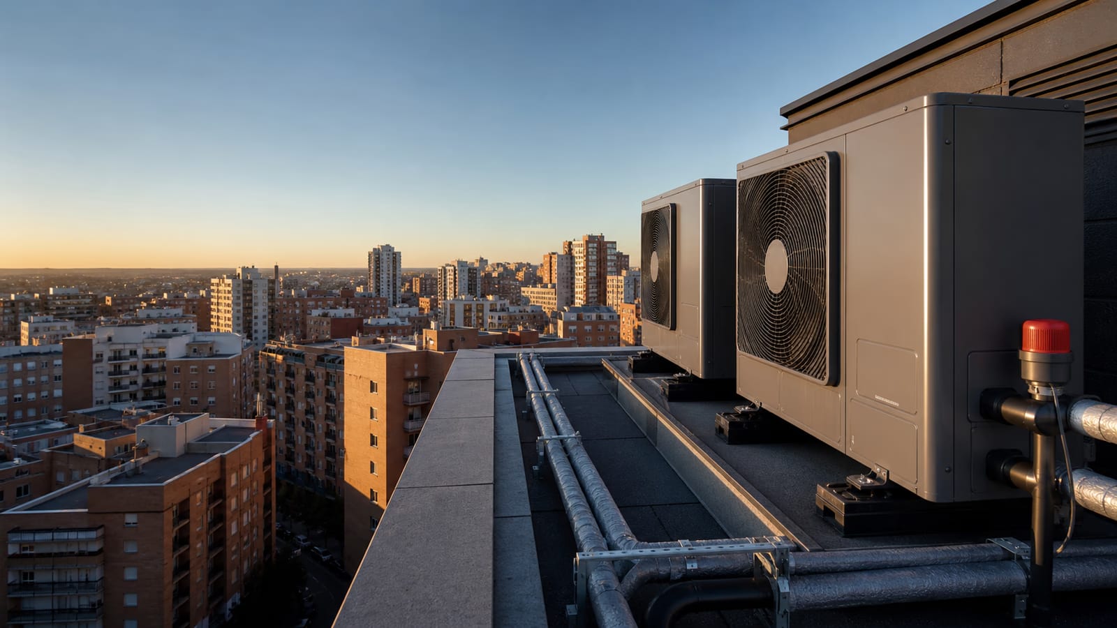 Equipos de climatización sobre una cubierta con distintos edificios residenciales de Madrid al fondo