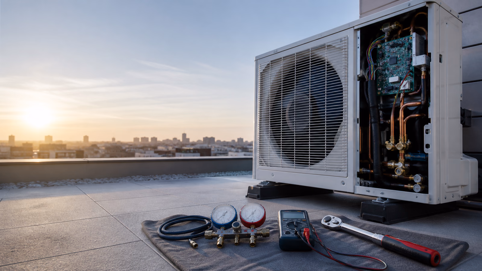 Equipo de climatización abierto para diagnóstico con herramientas de servicio