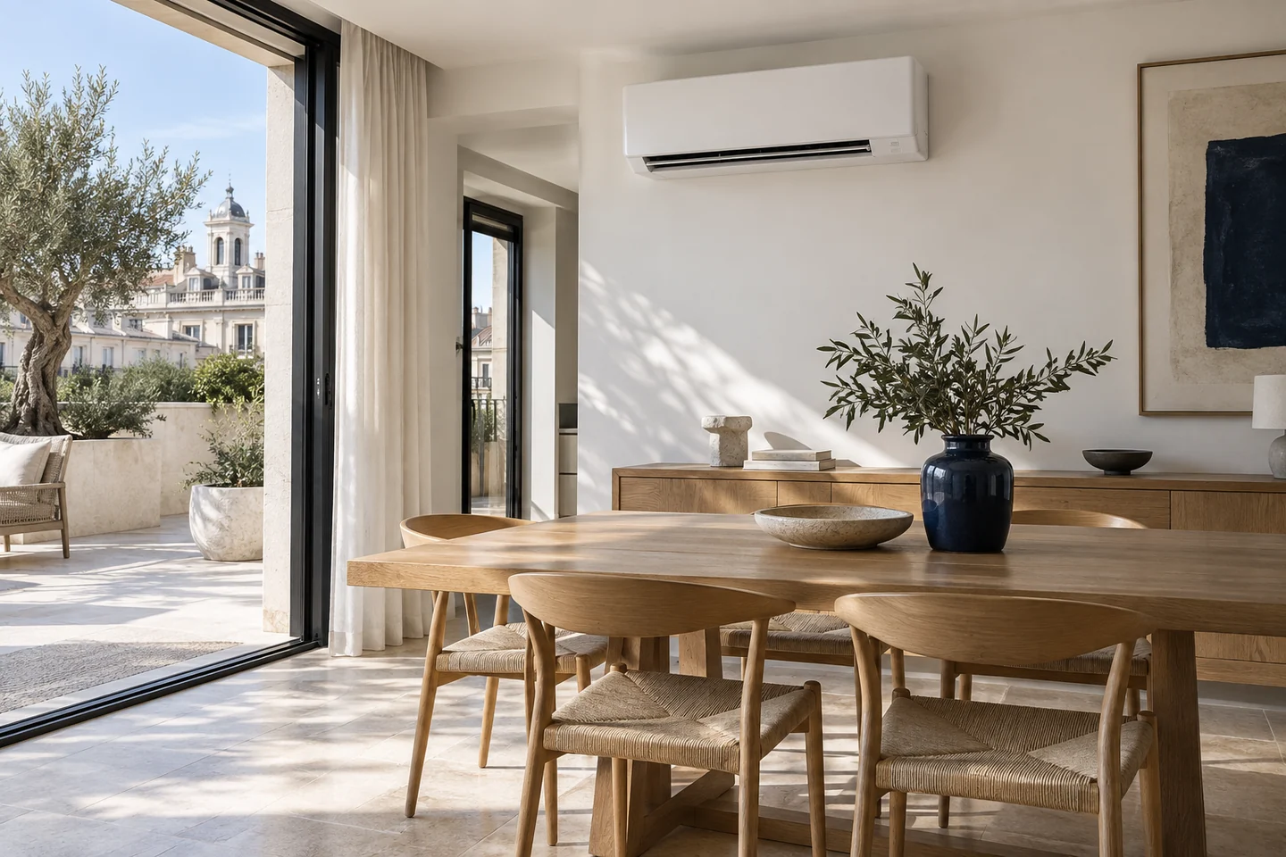 Servicios de aire acondicionado en Madrid. — Instalación de aire acondicionado: split mural integrado en un comedor luminoso abierto a una terraza — Mitsutec